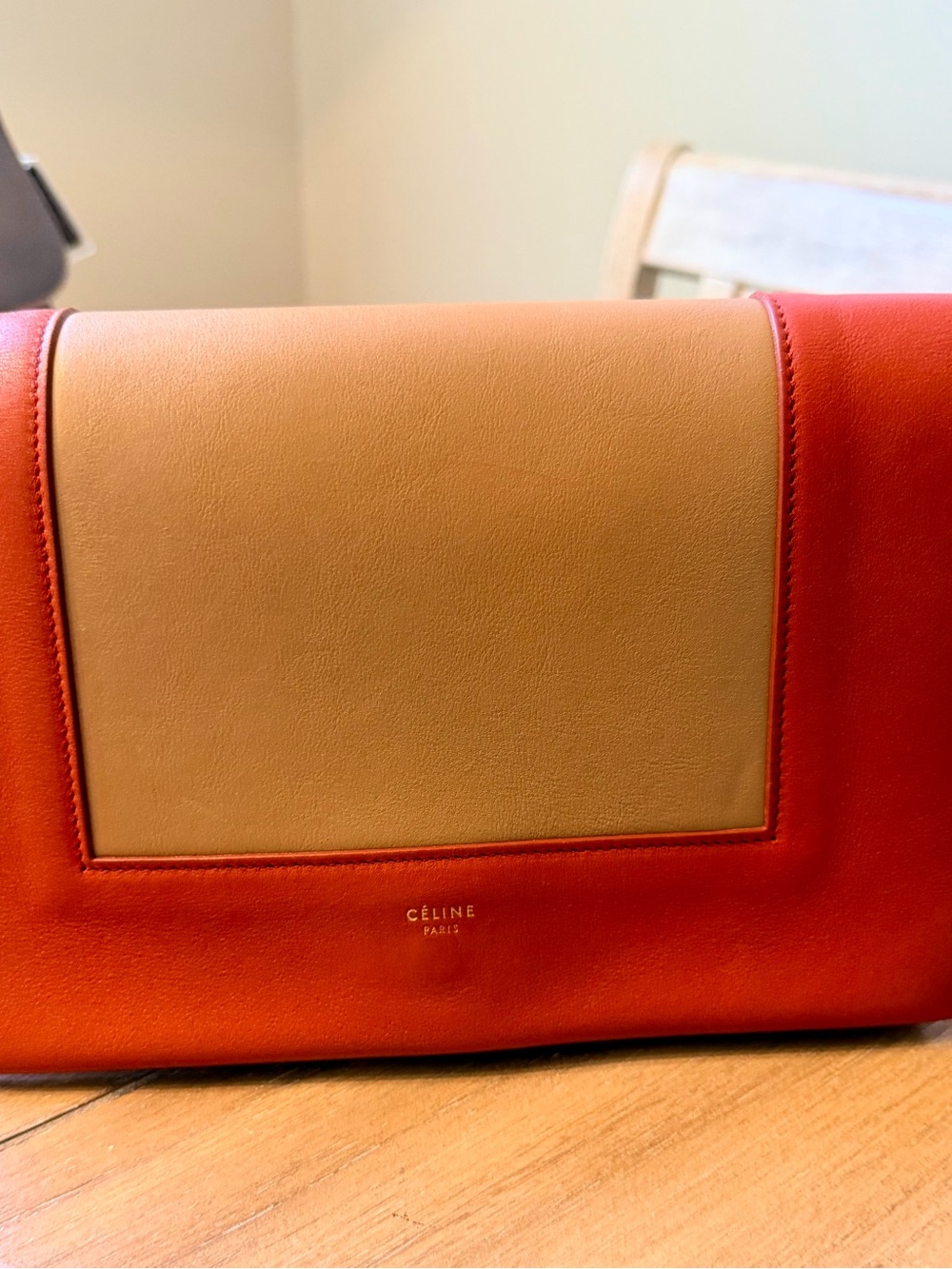 Celine Two-Tone Leather Shoulder Bag in Red-Orange & Tan